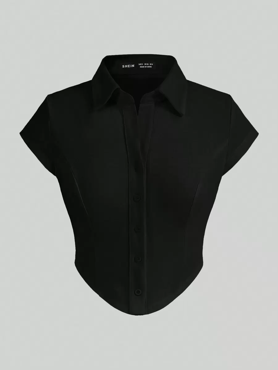 SHEIN EZwear 女士單排釦扣襯衫 - 黑色 - 查看 1