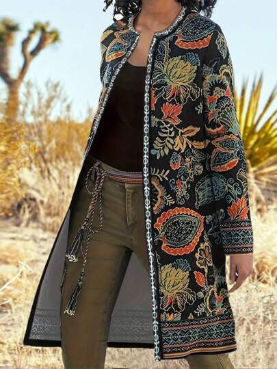 Plus Size Retro Print Fashion Long Jacket