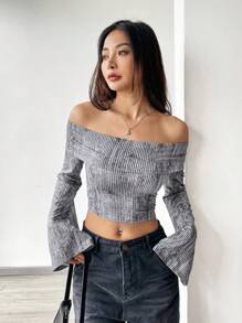 SHEIN EZwear 女裝修身剪裁露肩t恤 - 彩色 - 查看 6