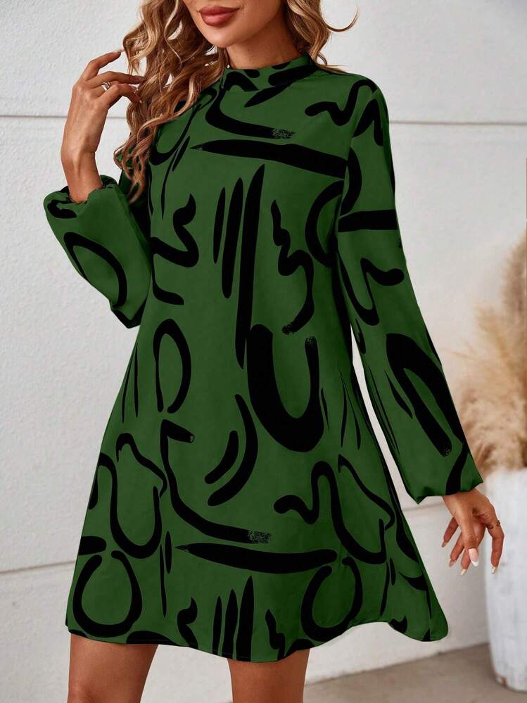 SHEIN Clasi Printed Lantern Sleeve Casual Dress Fall Cloth For Women - Dark Green - View 4