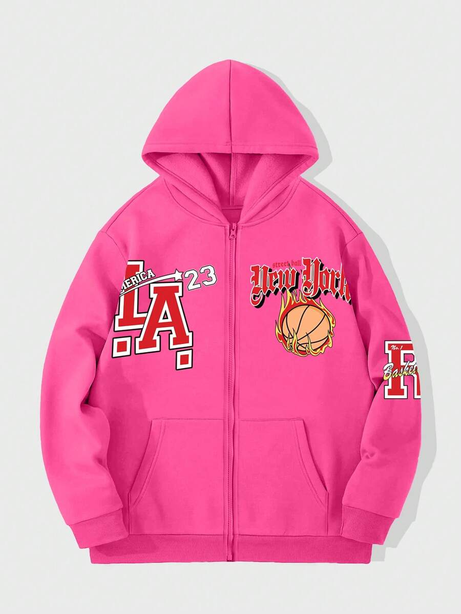 ROMWE MEN Street Life Men'S Letter & Basketball Print Hooded Sweatshirt - Hot Pink - View 1