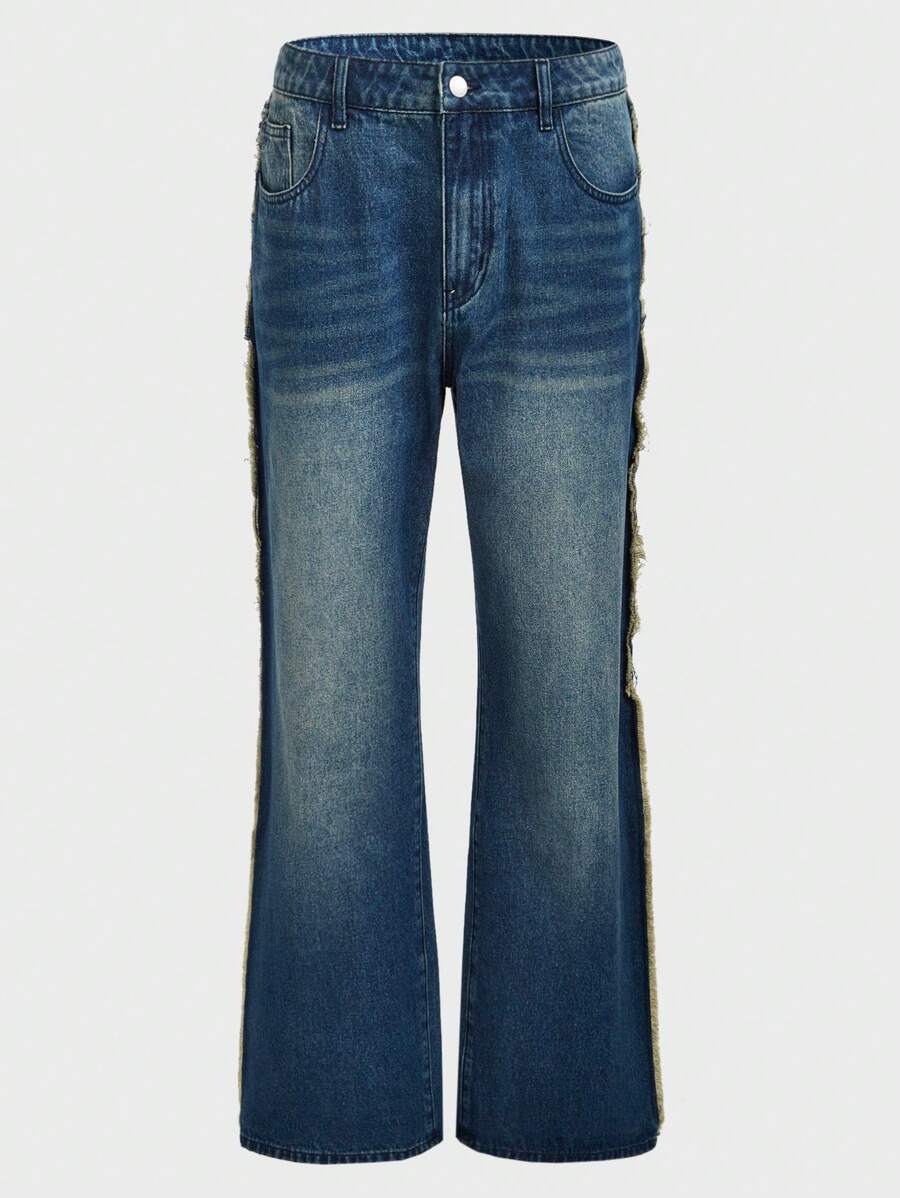 Manfinity Homme Loose Fit Men's Frayed Hem & Washed Denim Jeans - Blue - View 1