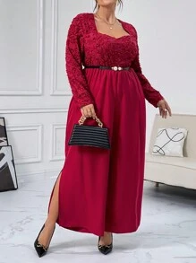 SHEIN Privé 女士加大码心形领口宽腿连体裤 - 酒紅色 - 查看 3