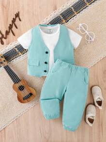 Baby Boys' Flip Detail Vest Jacket, Short Sleeve T-Shirt And Pants 3pcs Outfits - White - View 1