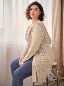 SHEIN LUNE Plus Size Knitted Hooded Cardigan With Polka Dots Pattern - Apricot - View 1