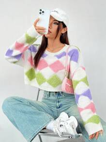 SHEIN EZwear Color Block Geometric Print Drop Shoulder Short Casual Sweater - Multicolor - View 5