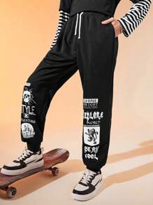 SHEIN Teen Boys' Casual Comfortable Printed Drawstring Waist Jogger Pants - Black - View 6
