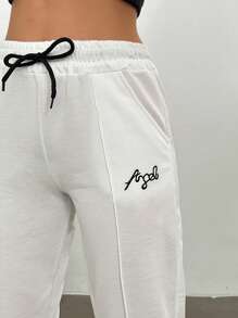 SHEIN Cottnline Women's Letter Embroidery Drawstring Waist Joggers - White - View 4