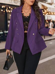 Celure 女士加大尺碼實色翻領雙排釦西裝外套 - 紫色 - 查看 1