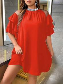 Celure 大尺寸網布、亮片、緞帶拼布連身裙 - 紅色 - 查看 1