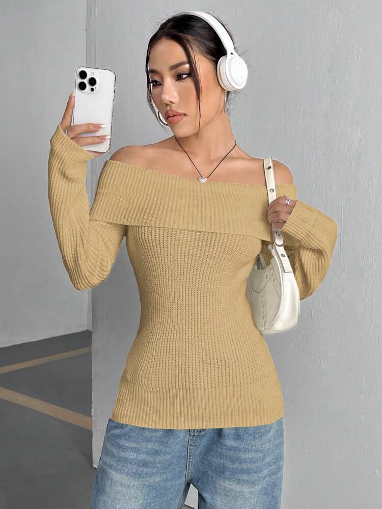 Fine Ribbed Knitted Off Shoulder Sweater Fall Winter