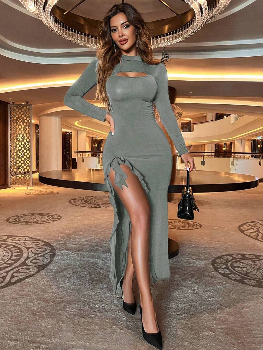 SHEIN Cottnline Vestido De Mujer De Color Sólido Con Abertura Abierta - Gris Oscuro - Ver 1