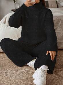 Flirla Plus Size Women's High Neck Long Sleeve Sweater And Pants Two Piece Set - Black - View 6