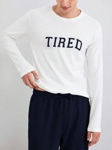 SHEIN Cottnline Men'S Letter Print Long Sleeve Top And Pants Homewear Set - Navy Blue - View 4