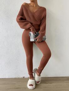 SHEIN Essnce 2入組休閒v領長袖毛衣 - 鏽棕色 - 查看 4