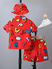 幼童男孩字母印花短袖衣短褲套裝配帽子 - 彩色 - 查看 2