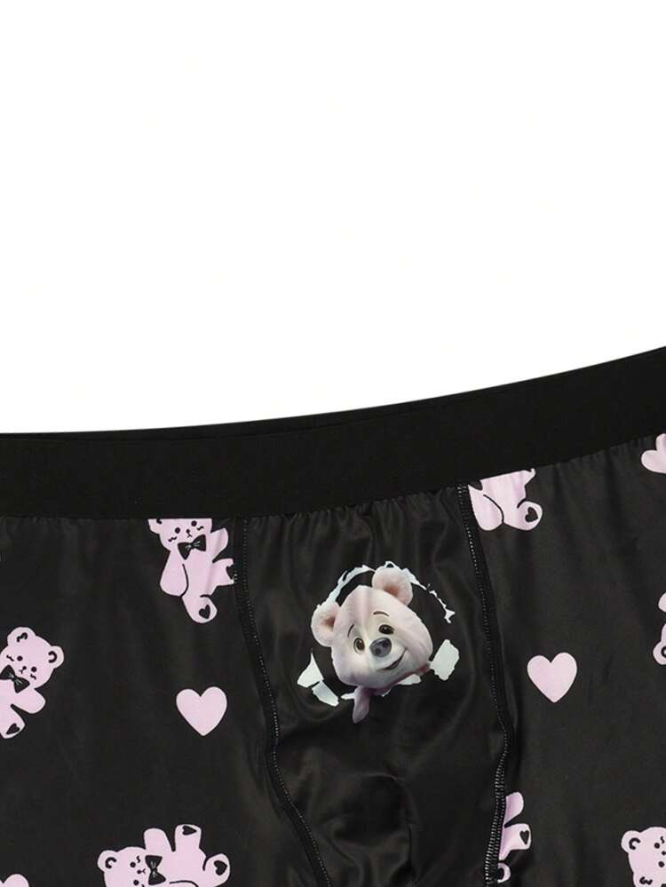Men's Cartoon Bear And Heart Printed Boxer Shorts