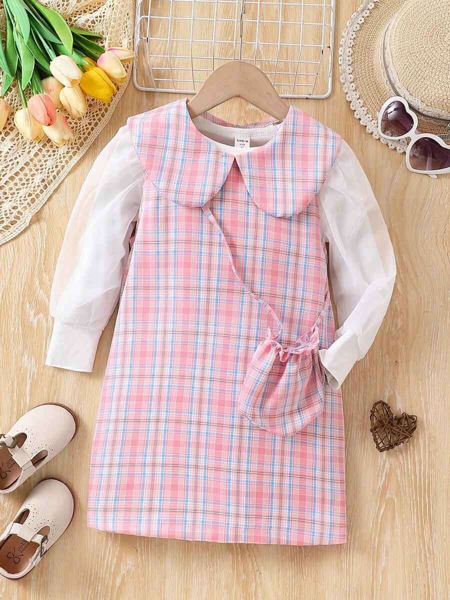 SHEIN 幼兒女童粉色格紋可愛彼得潘領連衣裙和長袖上衣套裝,適用於秋冬季節 - 粉色 - 查看 1