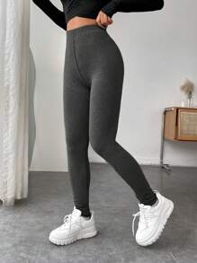 SHEIN EZwear Leisure Knit Skinny Long Leggings For Women, Spring And Autumn - Dark Grey - View 2