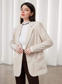 Seusyu Solid Color Patch Pocket Single Breasted Suit Jacket - Apricot - View 5