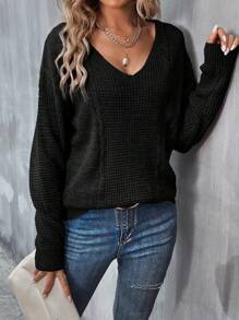 SHEIN LUNE V領下垂肩袖毛衣 - 黑色 - 查看 5