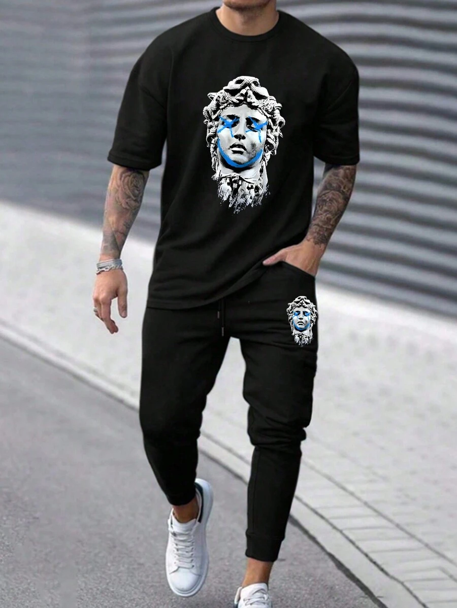 Manfinity EMRG Men Plus Sculpture Print Short Sleeve T-Shirt And Long Pants Two-Piece Set - Black - View 1
