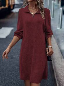 SHEIN LUNE Solid Color Lapel Dress - Burgundy - View 1