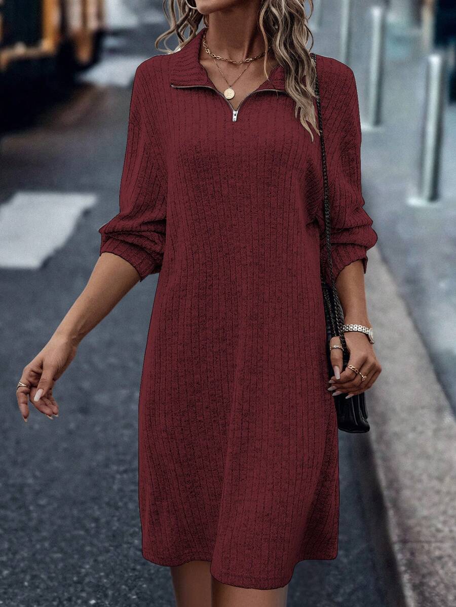 SHEIN LUNE Solid Color Lapel Dress - Burgundy - View 1