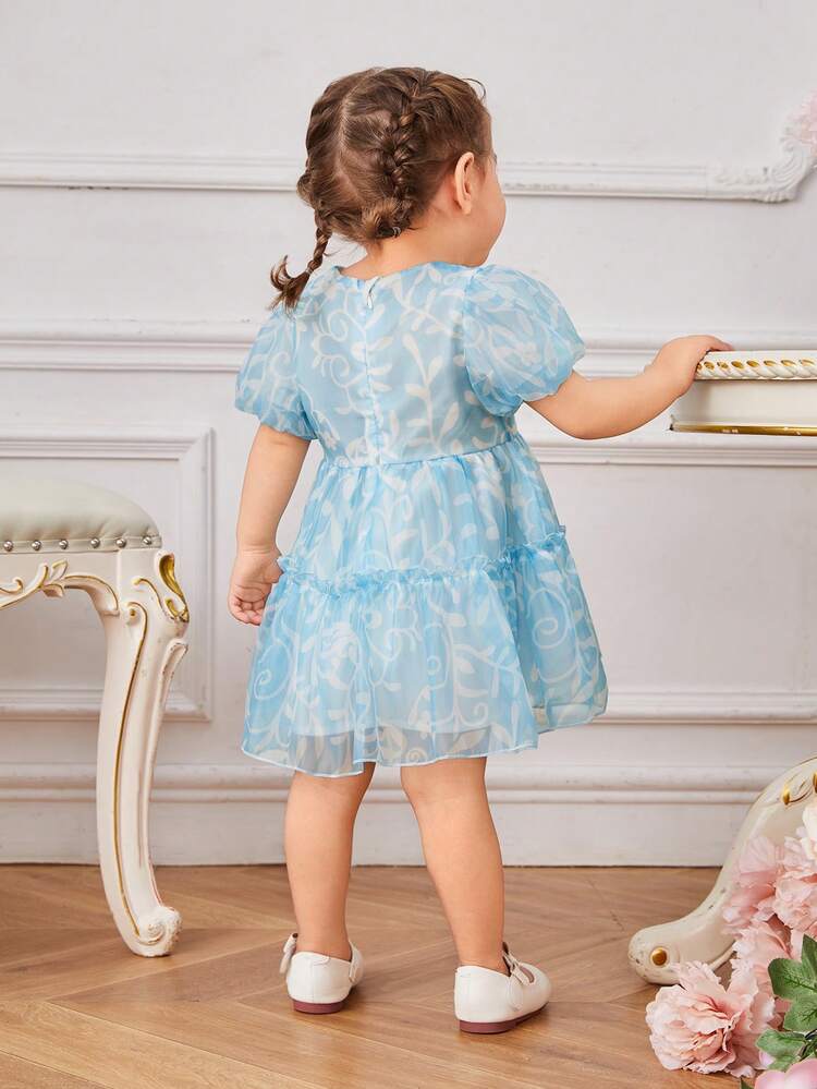 Baby Girls' Mesh Splicing Puff Sleeve Dress For Autumn And Winter