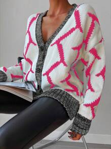 EURMUSE Graphic Contrast Binding Cardigan - Hot Pink - View 6