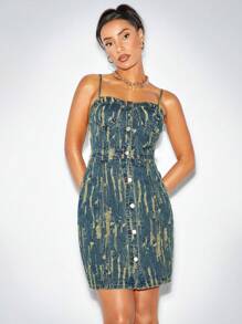 SHEIN BAE Button Front Denim Cami Dress Without Elasticity - Blue - View 3