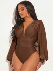 SHEIN SXY Deep V Neckline Ruched Tight Bodysuit - Chocolate Brown - View 1