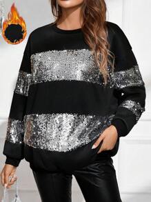 SHEIN Maternity Loose Fit Sparkly Sequin Patchwork Drop Shoulder Sweatshirt, For Winter - Black - View 1