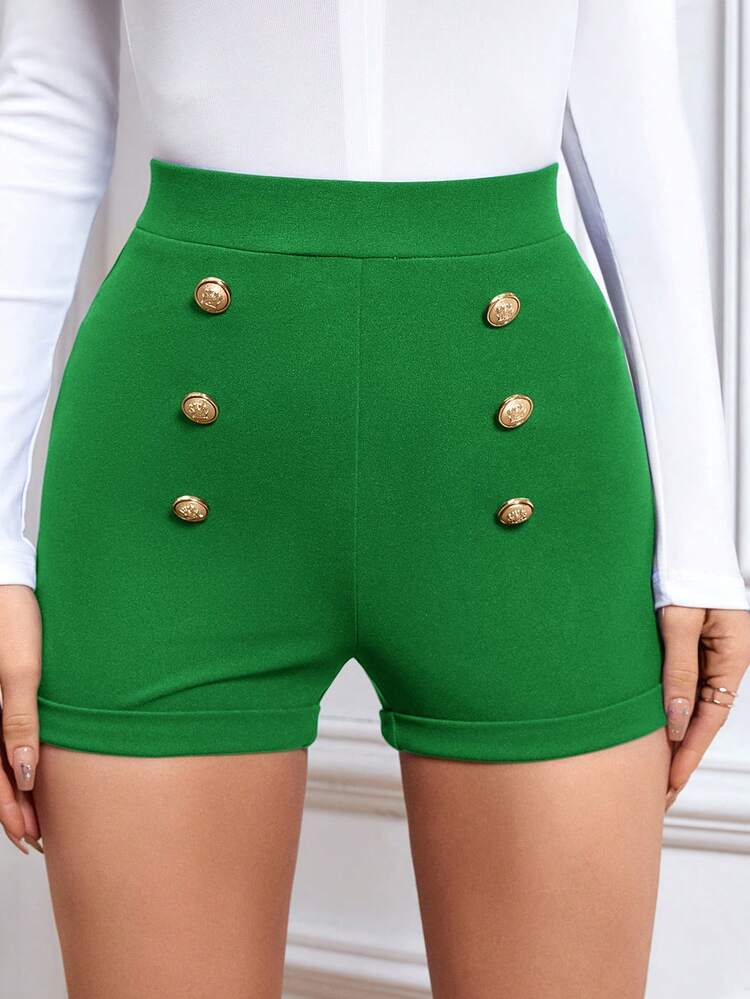 SHEIN Privé Pantalones Cortos Bodycon Doble Botonadura Decorados - Verde - Añade 5