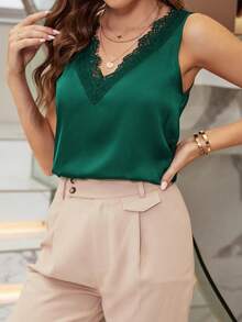 SHEIN Privé Lace Trim Sleeveless Blouse - Dark Green - View 5