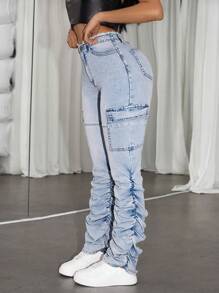 SHEIN ICON Washed Pleated Cargo Jeans - Blue - View 1