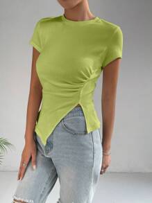 SHEIN Essnce 不對稱襯衫 T 恤,短袖 - 綠色 - 查看 5