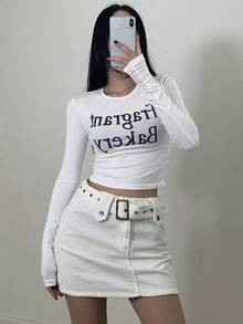 Women's Short Cropped T-Shirt With Letter Print Long Sleeve Women - White - View 7