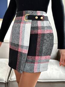 EURMUSE Plaid Wrap Style Skirt - Beige - View 4