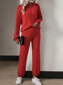 SHEIN Essnce Cable Dệt kim Tay áo dài Áo len Và Dệt kim Quần Bộ - Đỏ - Xem 3