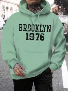 Nam Hoodie Với Túi kangaroo Và In thư - Màu xanh Bạc hà - Xem 1