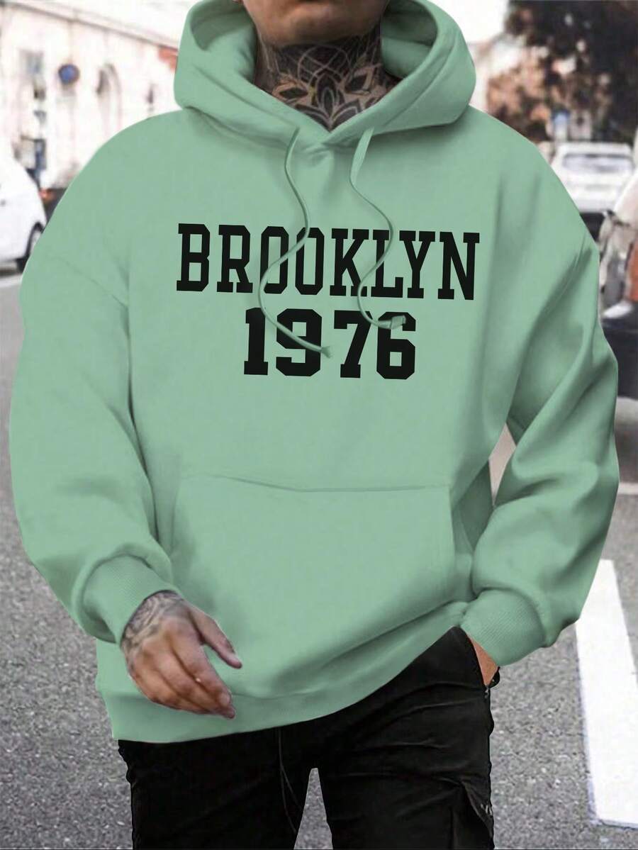 Nam Hoodie Với Túi kangaroo Và In thư - Màu xanh Bạc hà - Xem 1