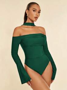 SHEIN BAE 鐘形袖領口連體衣 - 墨綠色 - 查看 3
