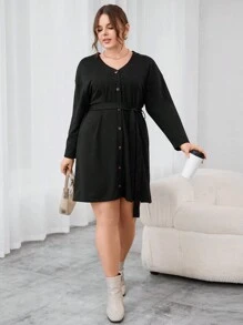 SHEIN Essnce 大尺寸搭扣裝飾連身裙 - 黑色 - 查看 6