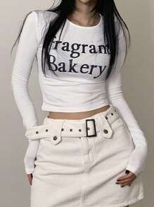 Women's Short Cropped T-Shirt With Letter Print Long Sleeve Women - White - View 1