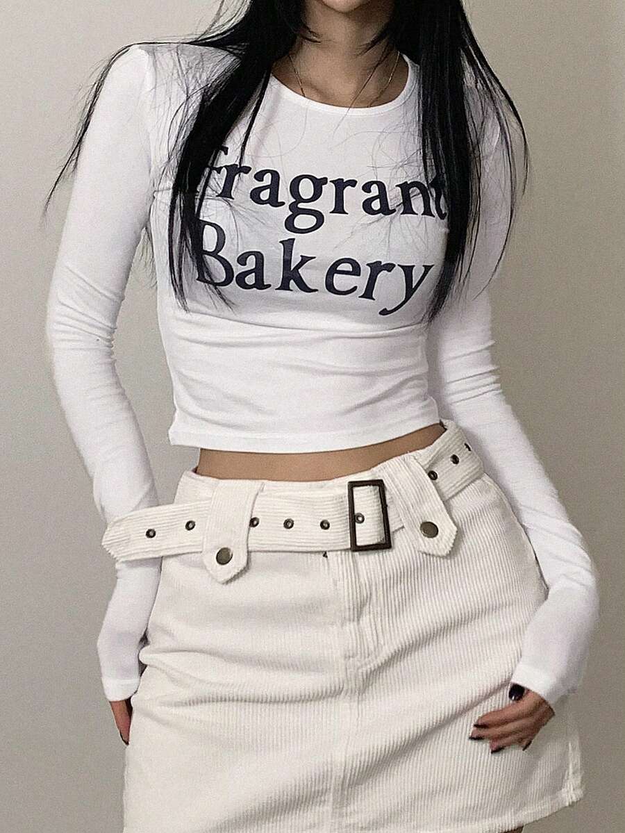 Women's Short Cropped T-Shirt With Letter Print Long Sleeve Women - White - View 1