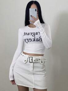 Women's Short Cropped T-Shirt With Letter Print Long Sleeve Women - White - View 5