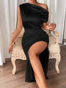 Chiquease Women's Asymmetric Neck Side Slit Dress - Black - View 6