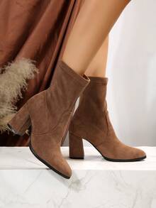 New Winter High Heel Lady'S Fashionable Mid-Cylinder Scrub Boots With Pointed Toe, Thick Heel, Comfortable And Concise Style - Brown - View 3