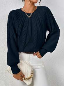 SHEIN LUNE Women'S Raglan Sleeve Pullover Sweater - Navy Blue - View 4